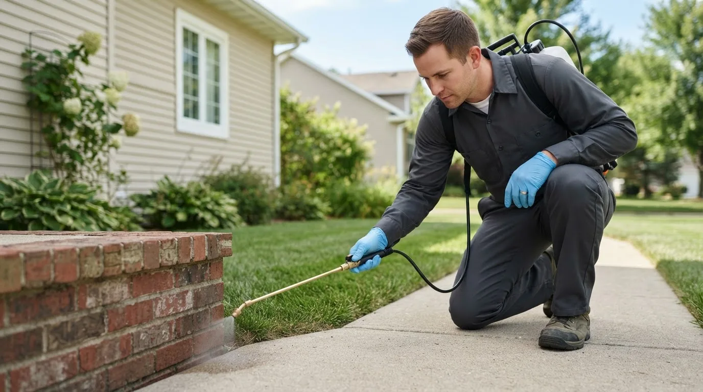 Pest control technician treating a home near Norwich, ND